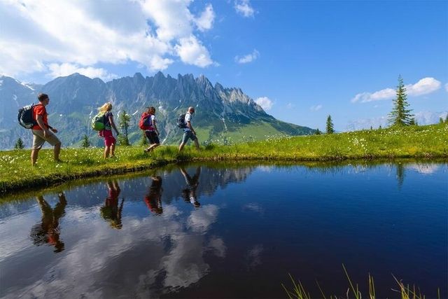 Vier Wanderer gehen auf einem grasbewachsenen Weg an einem ruhigen Teich entlang